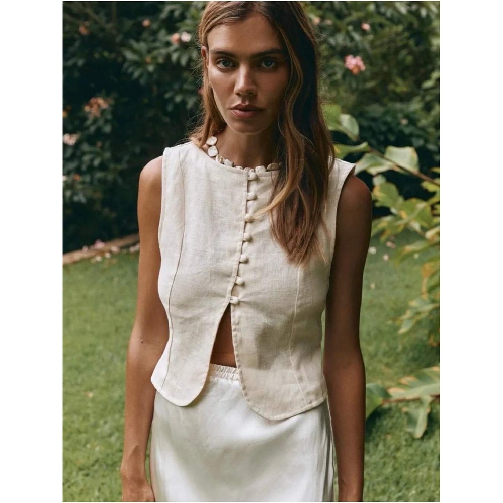 VRG GRL Women Linen Lace Up Back Cream Sleeveless Vest Top Size 4